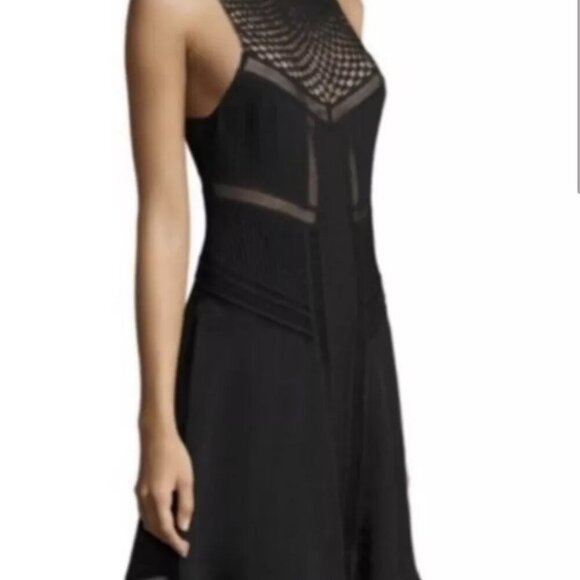 ALC Black 100% Silk Crochet Yoke Pintuck Mini Fit and Flare Dress Size - 10 - Picture 1 of 11